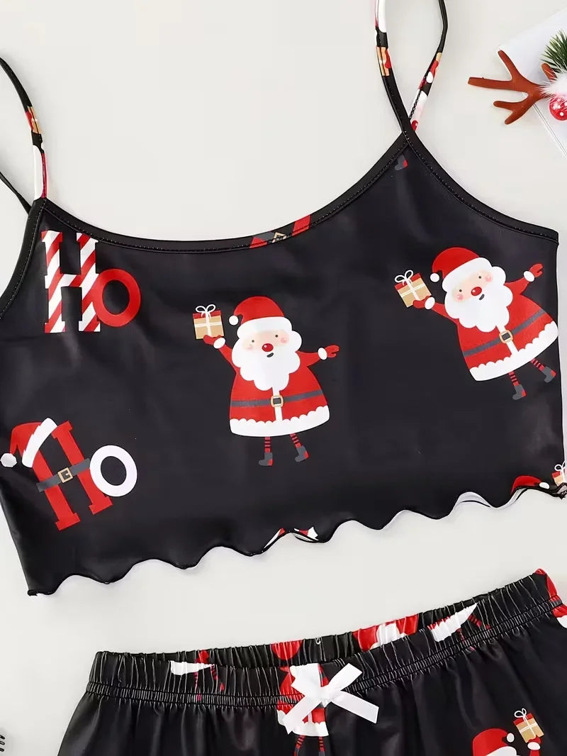 Christmas Santa Claus Element Print Pajama Set for Women's Sleepwear 2 Pieces Crop Tops and Shorts Homewear Loungewear