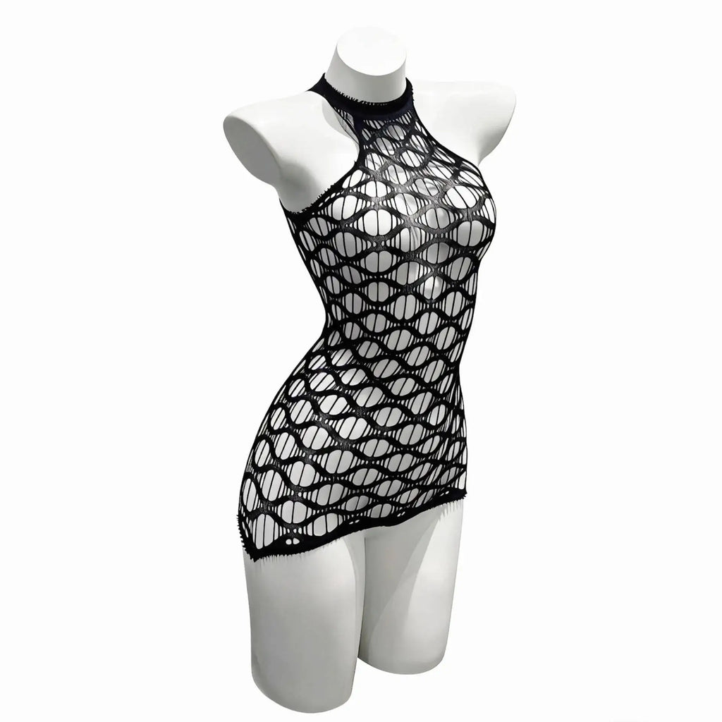 Sexy Mesh Halter Neck Hollow Out Open Crotch Dress With Exposed Chest And Sheer For Women Off-the-shoulder Mini Dress Charm RCIJ