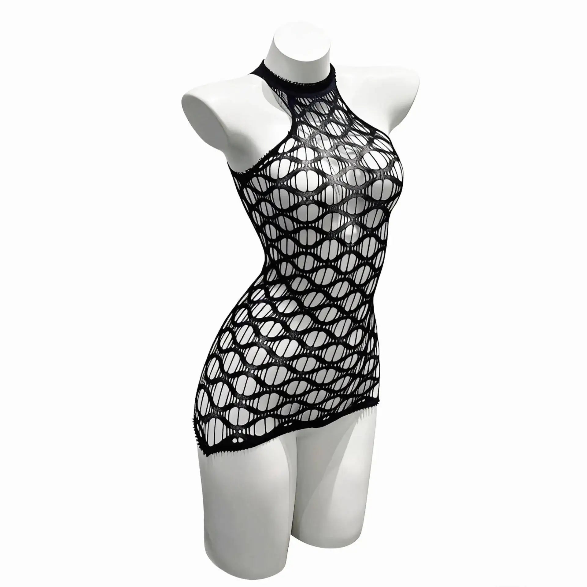 Sexy Mesh Halter Neck Hollow Out Open Crotch Dress With Exposed Chest And Sheer For Women Off-the-shoulder Mini Dress Charm RCIJ