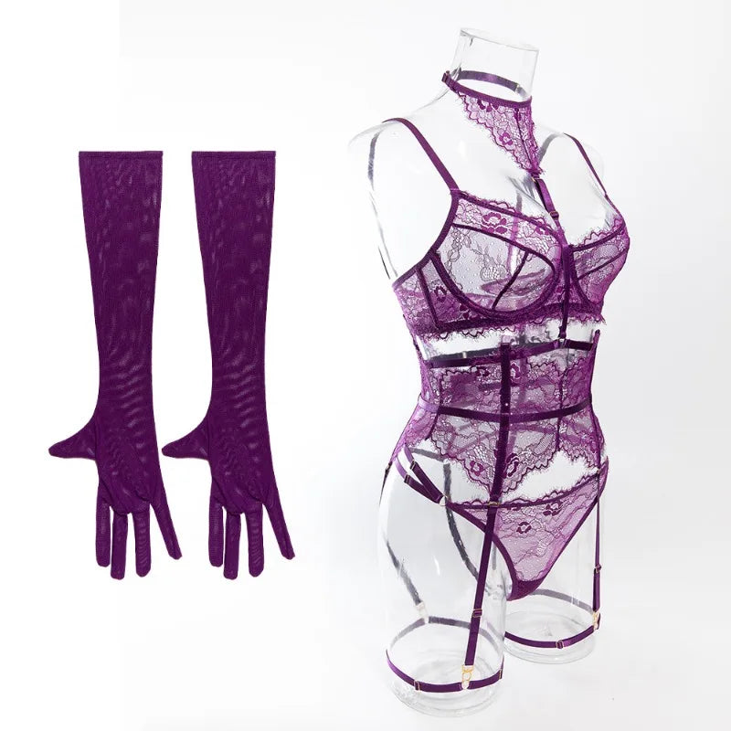 Toucheart Sexy Lingerie Suit for Women Lace Patchwork Halter Bra Set Solid Color Sexy Mesh See-through Garters Underwear Set New