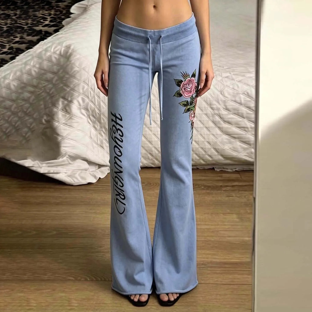Retro rose letter print low-waist drawstring flared trousers, slim fit and versatile casual trousers