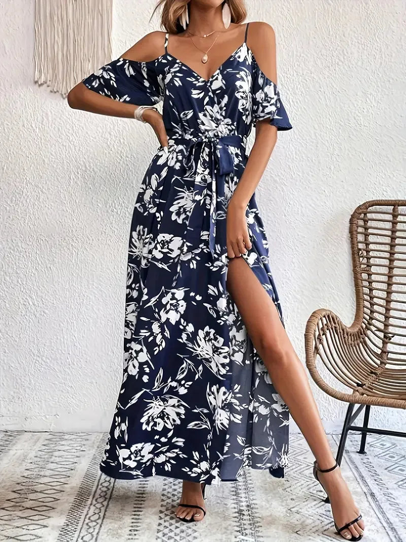 New Summer Women Print Dress 2025 Fashion Elegant  Vacation Party Short Sleeve Slim V-neck Slit Long Dresses Vestidos Para Mujer