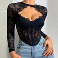 Solid Color Slim Low-Cut Tube Top Lace Mesh Patchwork Lace Sexy Hollow Out Fishbone Top Long Sleeve Vest Transparent Charm NJWG