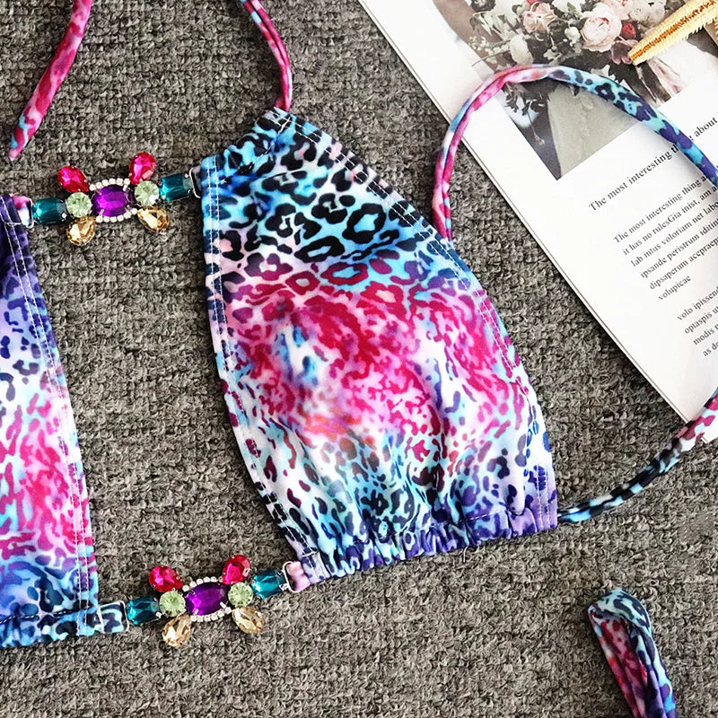 Halter Leopard Diamond Bikini Women Bandeau Swimsuit Female Swimwear Two Pieces Bikini Set Hollow Out Bather Bathing Suit Swim