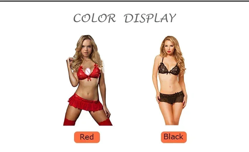 Lace Red 3Pcs Lingerie Set Sexy G-string Dress Exotic Apparel Erotic Underwear Lenceria Transparent Ropa Interior Porno Costumes