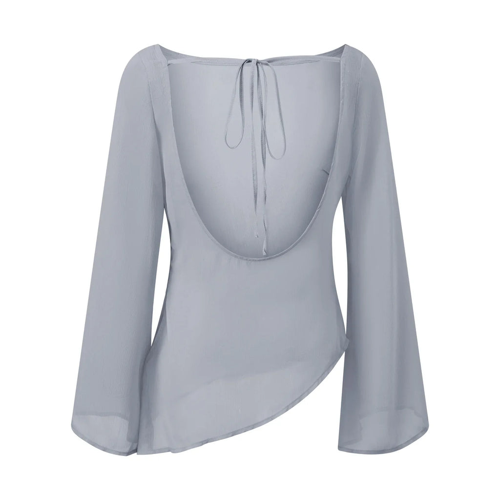 Summer Women's Sheer Chiffon Tops Solid Color Boat Neck Long Sleeve Tie-up Back Blouse for Party Club Daily Cover-ups Shirt