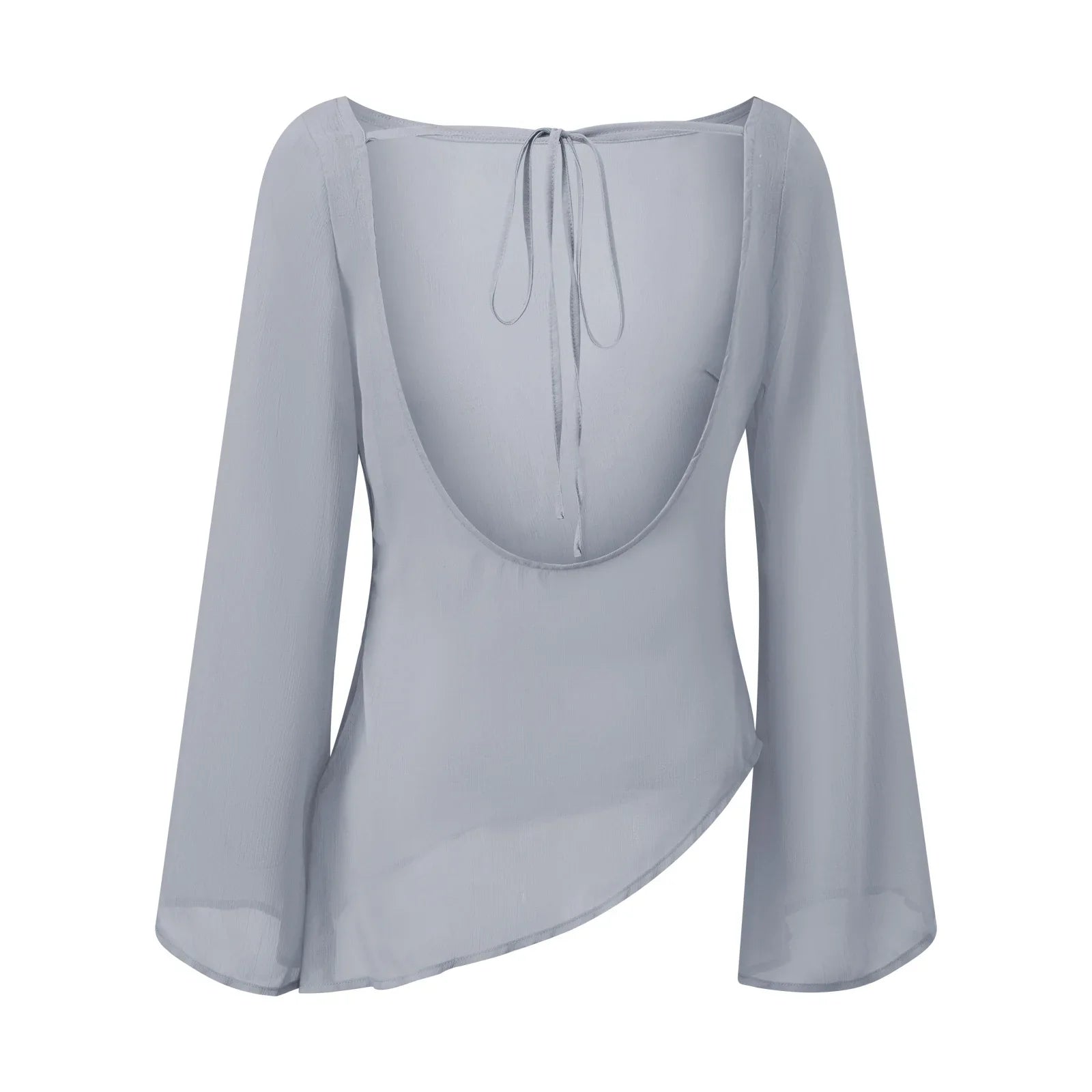 Summer Women's Sheer Chiffon Tops Solid Color Boat Neck Long Sleeve Tie-up Back Blouse for Party Club Daily Cover-ups Shirt