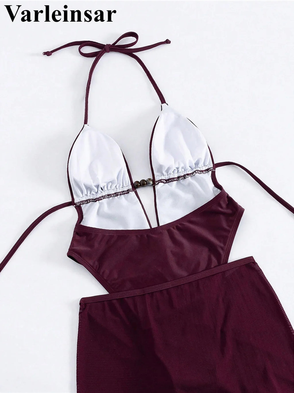 Sexy With Skirt Halter Deep V Neck Women Swimwear One Piece Swimsuit Female High Leg Cut Backless Bather Bathing Suit Swim V8112