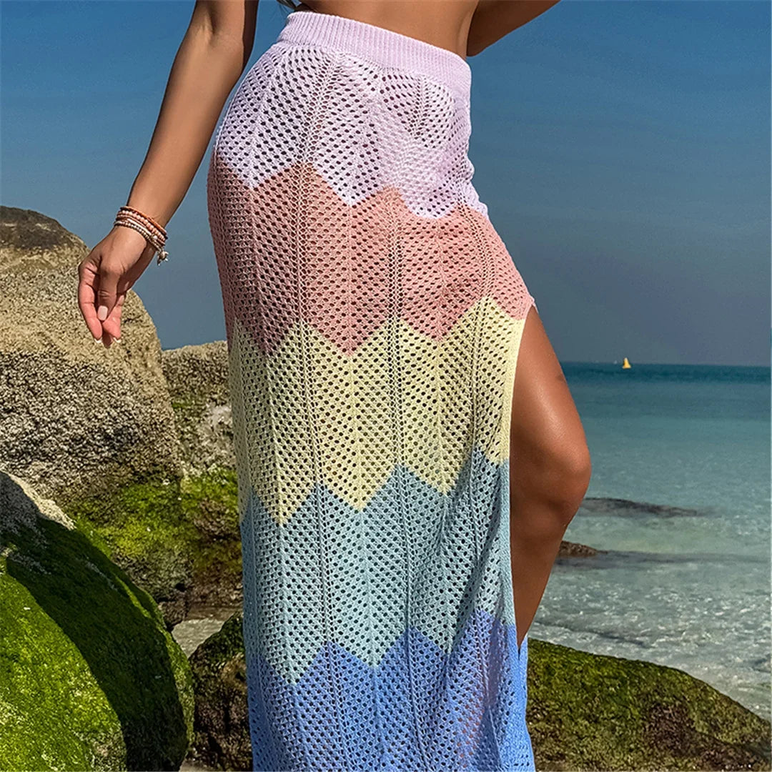 New Colorful Hollow Out Knitted Tunic Beach Cover Up Cover-ups Beach Dress Beach Wear Beachwear Long Skirt Female Women K6588