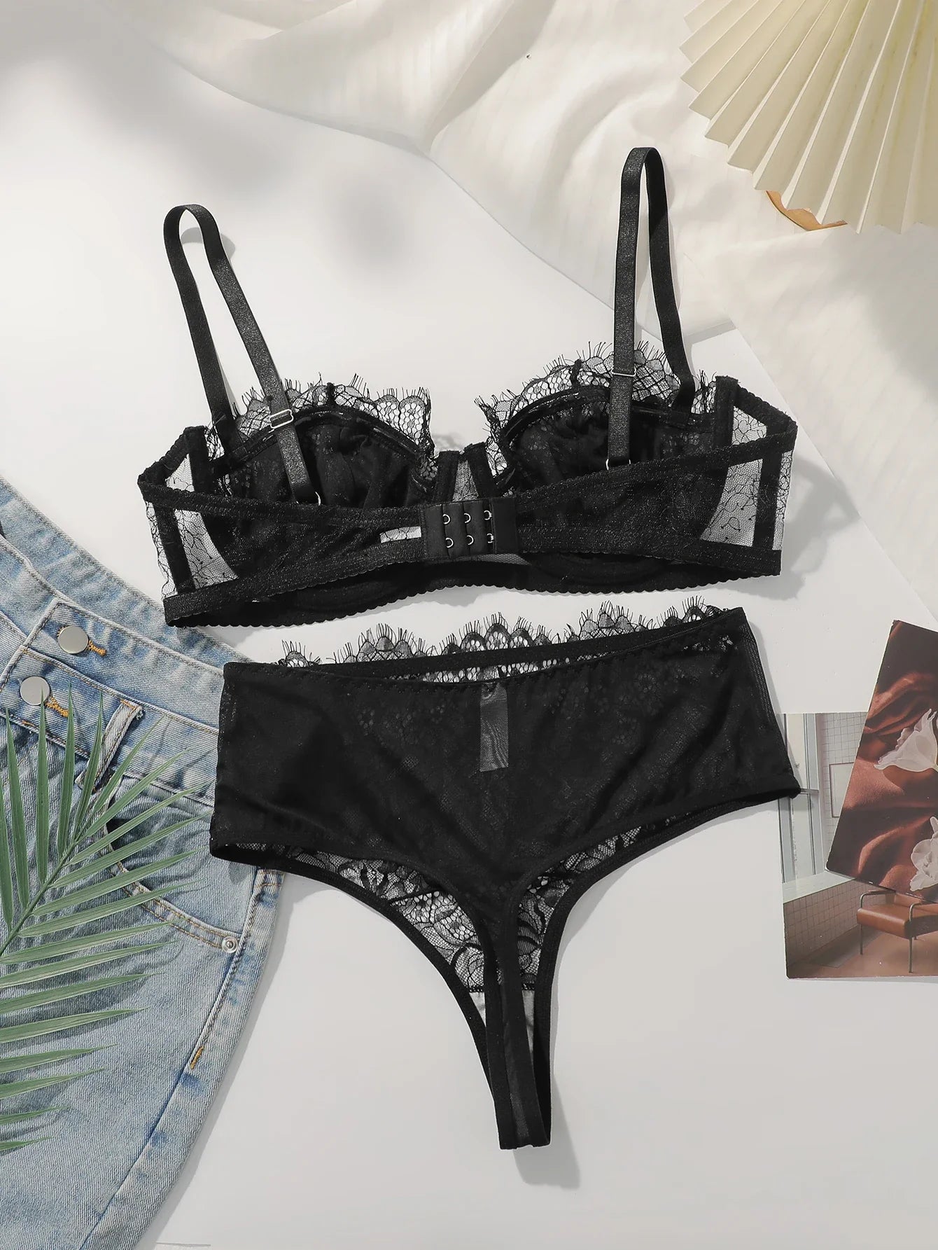 2-piece black lace ultra-thin transparent lingerie set sexy solid color set women's bra party thong underwear MR3406