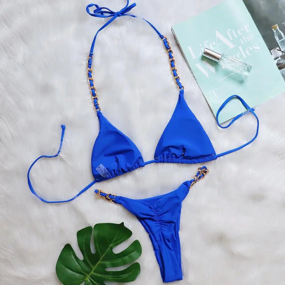 DEKA Brazilian Chain Bikini Set Women's Swimsuit Stylish Solid Thong Swimwear Diamond Separate Beachwear Bathing Suit