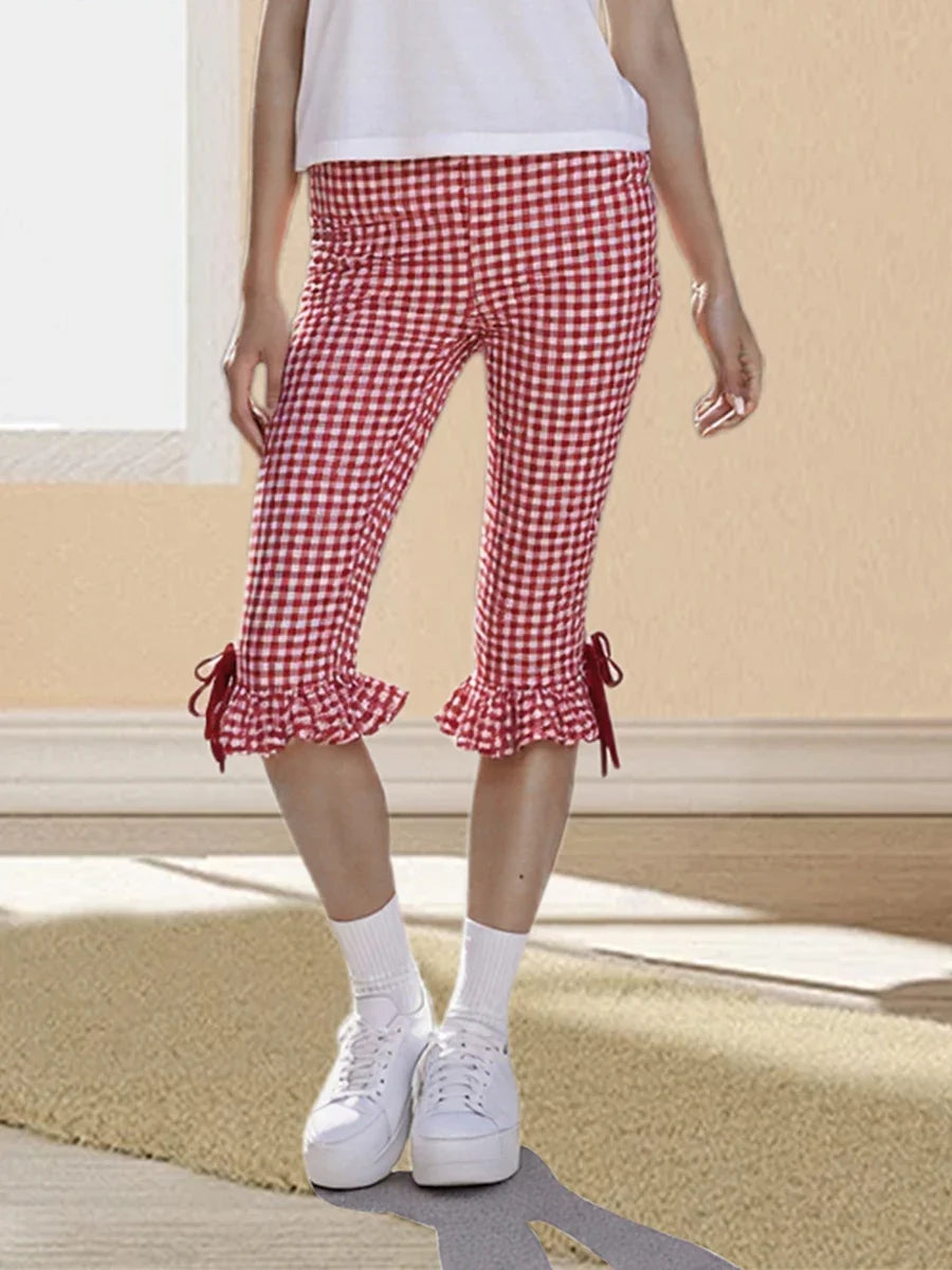 Women Flared Leggings Capri Pants Casual Fashion Plaid Print Cute Bow Crop Bell Bottoms Trendy Bootcut Trousers