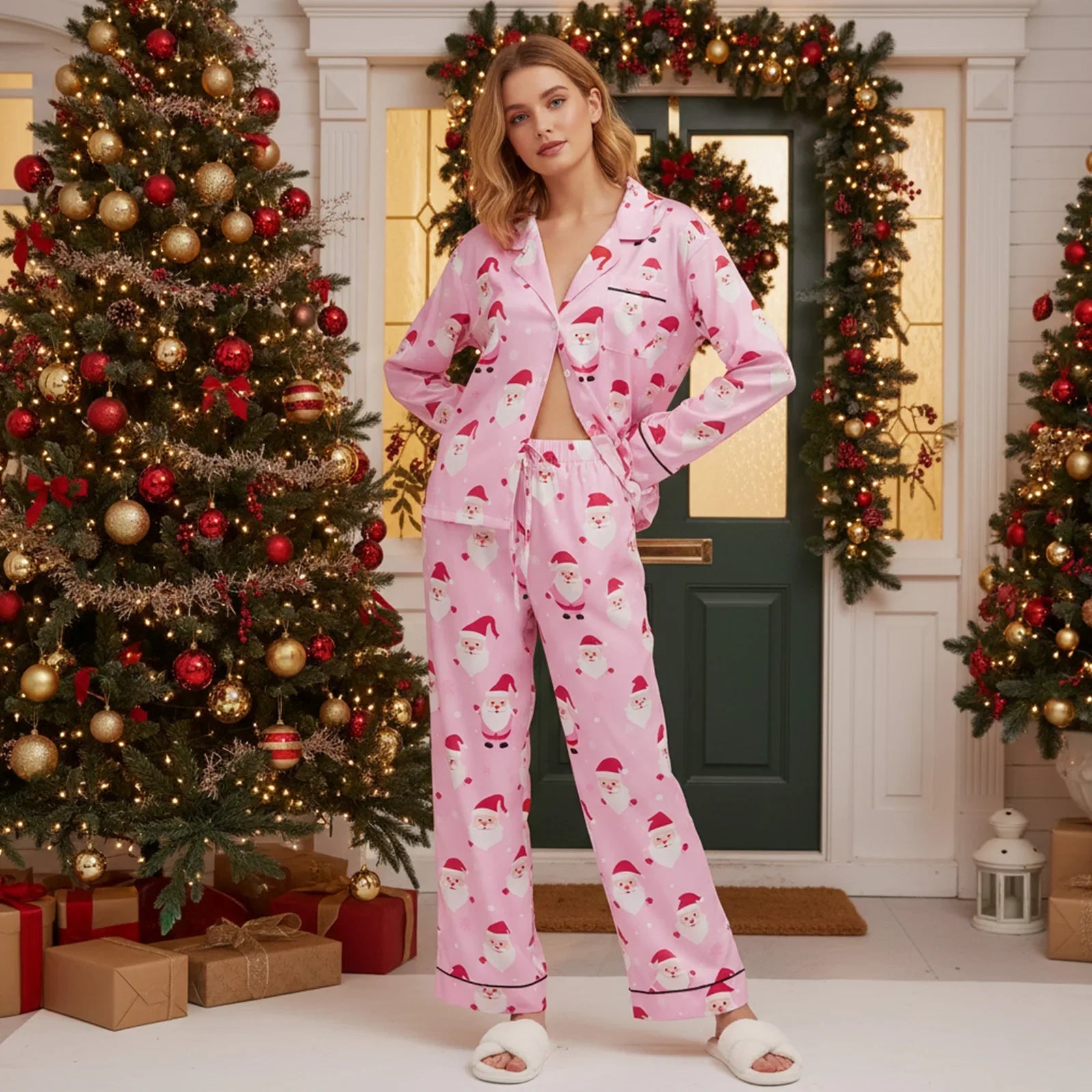 Women’s 2025 Christmas Pajamas Set Long Sleeve Oversized Button Down Shirt and Long Pants Two Pieces Loungewear