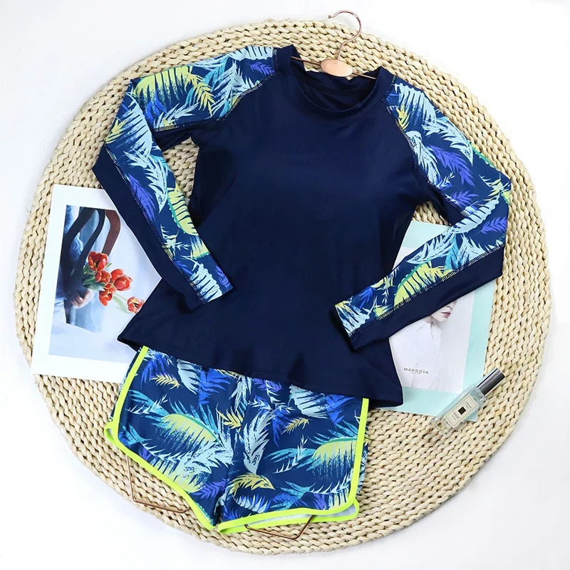 2026 Sexy Floral Long Sleeve Two-Piece Women's Surfing Swimsuit Drawstring Swim Tankini Rash Guard Beachwear Bathing Suit Female