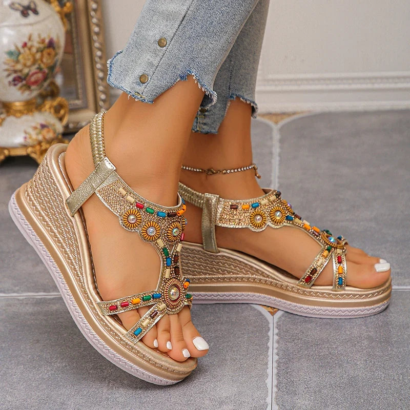 National Wind Beaded Wedge Heels Sandals Women Chunky Platform Slip On Gladiator Sandals Woman Plus Size 43 High Heel Sandalias