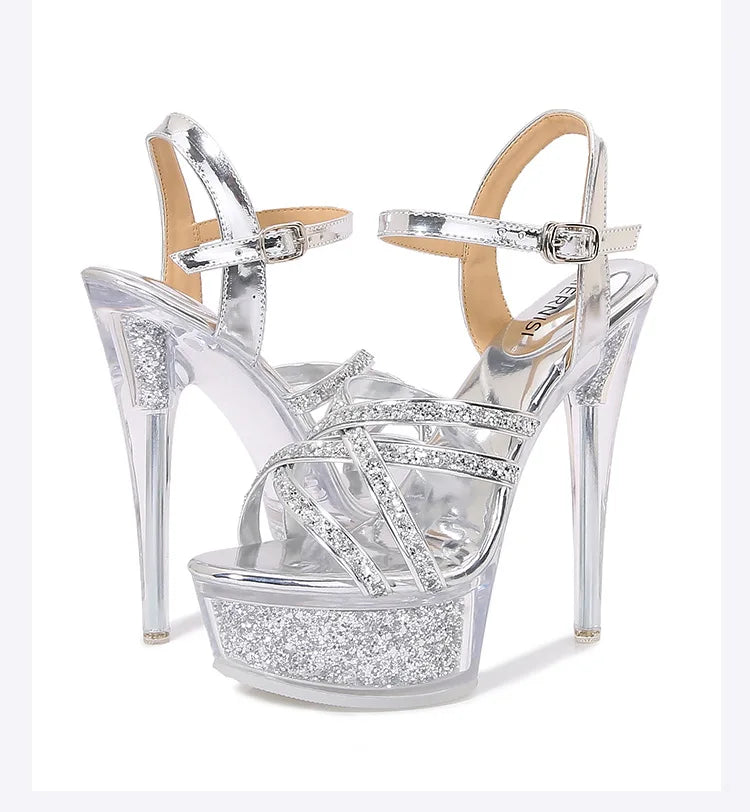 2026 New Silver Narrowband Women's Sandals 14CM Party Banquet Dress Shoes Summer Stiletto Nightclub Platform Crystal High Heels