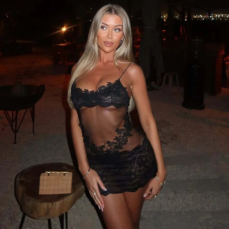 FDYOUI Spaghetti Strap See-through Mesh Dress Women Sleeveless Lace Patchwork Mini Party Dresses White Black Night Club Outfit
