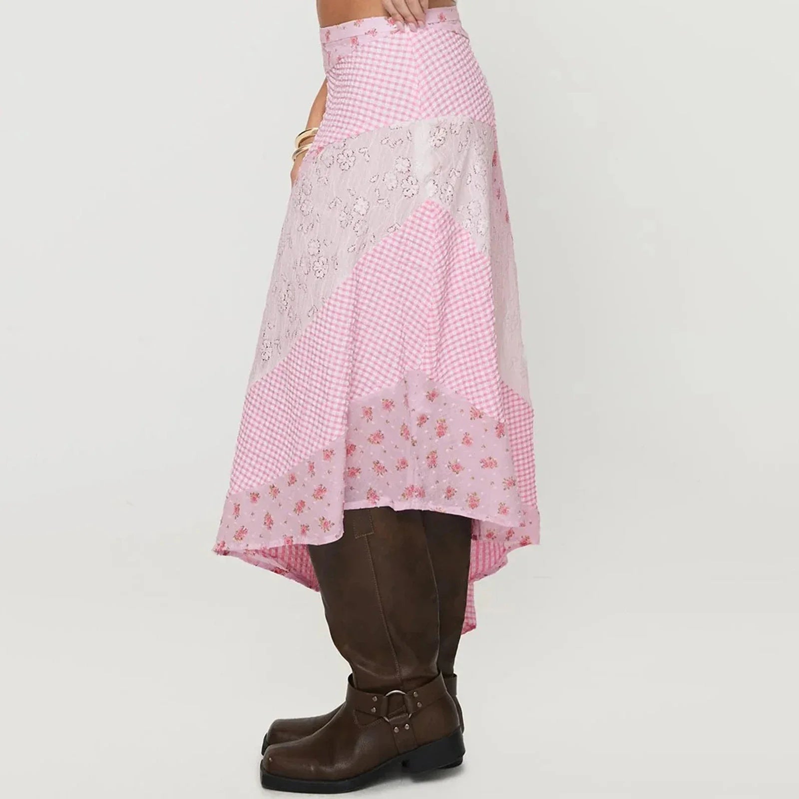 New Irregular Women Lace Flowy Midi Skirt Vintage Low Waist Floral Print Long Skirt Lightweight Summer Sexy Club Party Skirt