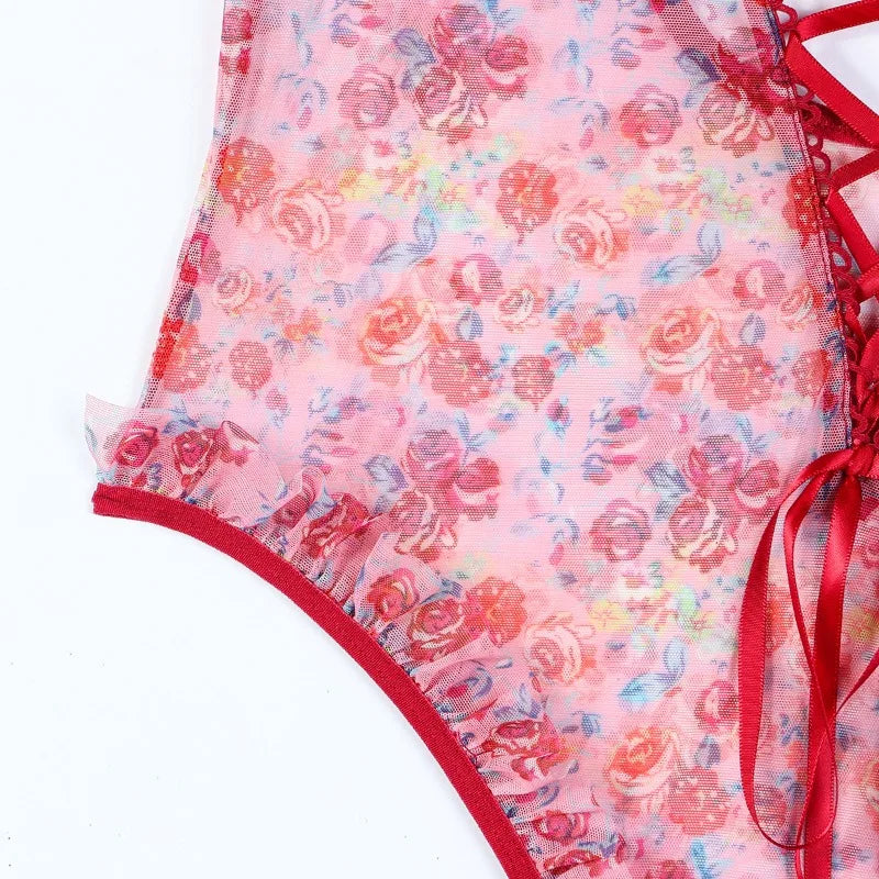 Toucheart Sexy Women Lace Backless Interesting  Babydoll Bodysuit Wrap Dress High Waisted Printing Bow Knot  Babydoll Bodysuit