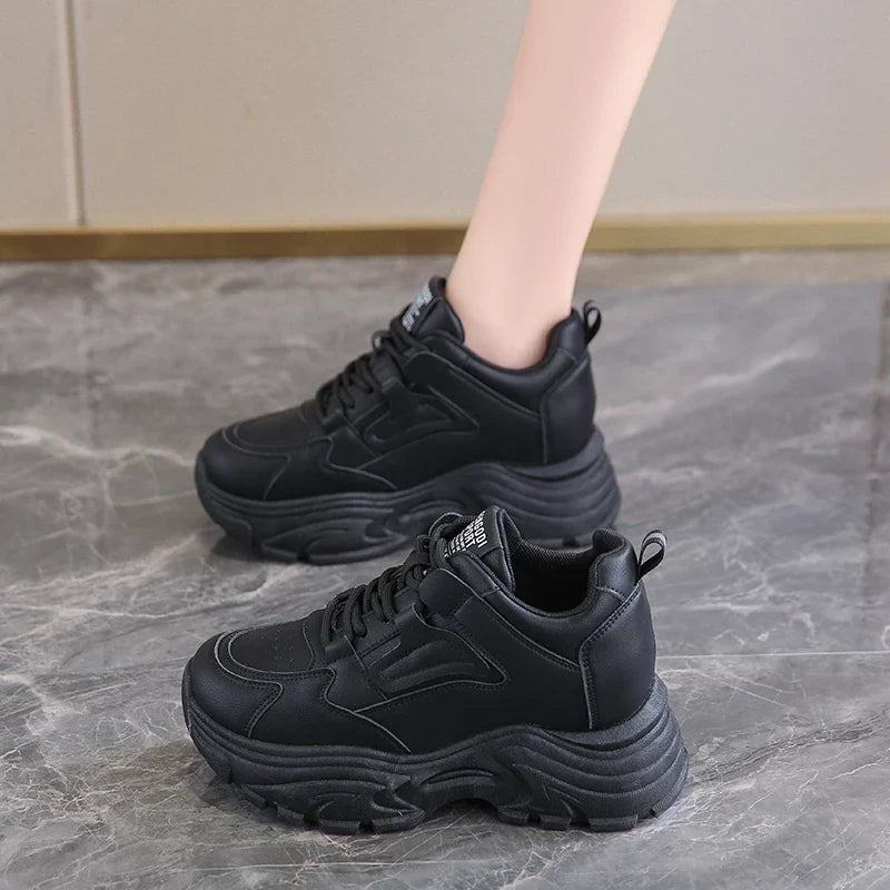 White Platform Women's Sneakers 2025 Autumn Lace-Up Thick Bottom Sports Shoes Woman Pu Leather Breathable Walking Shoes Female