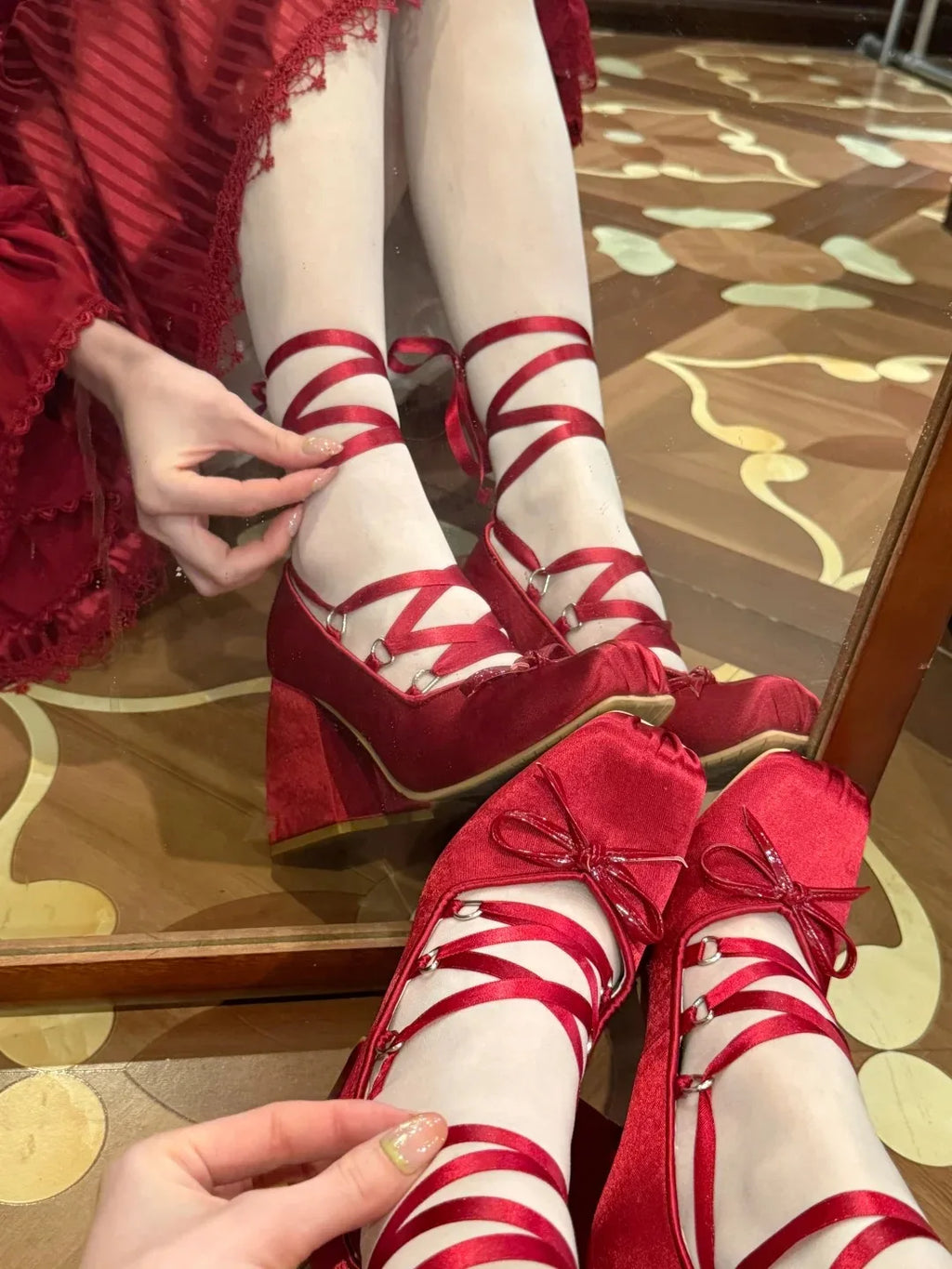 2026 Plus Size 43 Retro Red Lolita Ankle Wrap Pumps Sweet 5cm Med Square Heels Gothic Cosplay Ballet Mary Janes Shoes Women