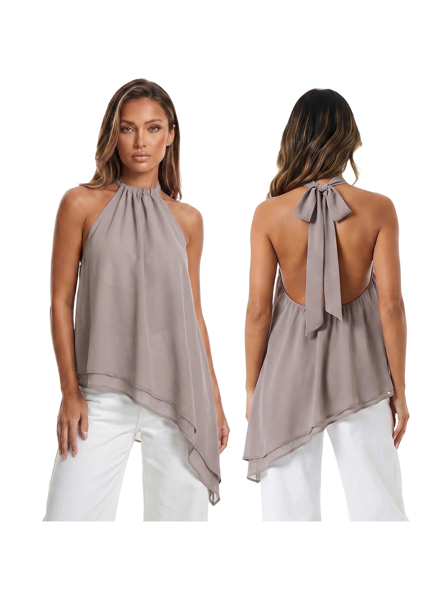 Women's Summer Solid Color/Dot Print Halter Tops Stylish Layered Asymmetrical Handkerchief HemSleeveless Vest