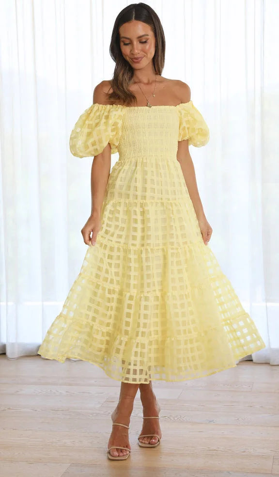 Foridol Off Shoulder Summer Spring Midi Dresses Women Casual Puff Sleeve A-line Beach Vestidos Yellow Beach Party New in Dress