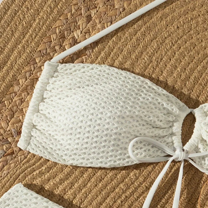 Sexy beige hollow out bow tie bikinis sets two pieces halter backless thong swimsuit Swimwear bathing suit beach outfits biquini