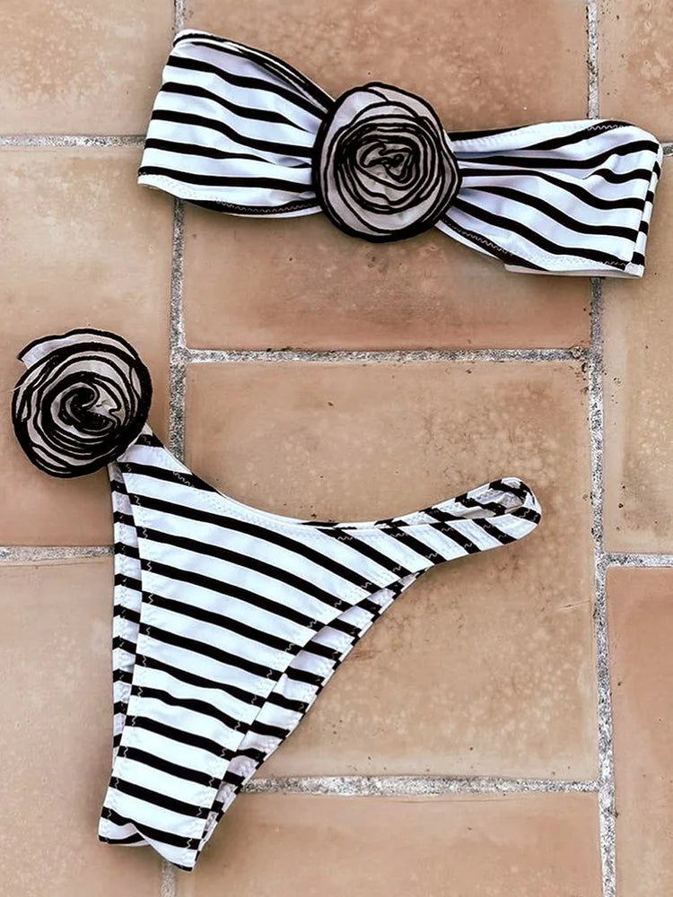 3D Flowers Striped Bikinis Strapless Bandeau Bikini 2025 Female Swimsuit Women Swimwear Two-pieces Bikini Set Bathing Suit Swim