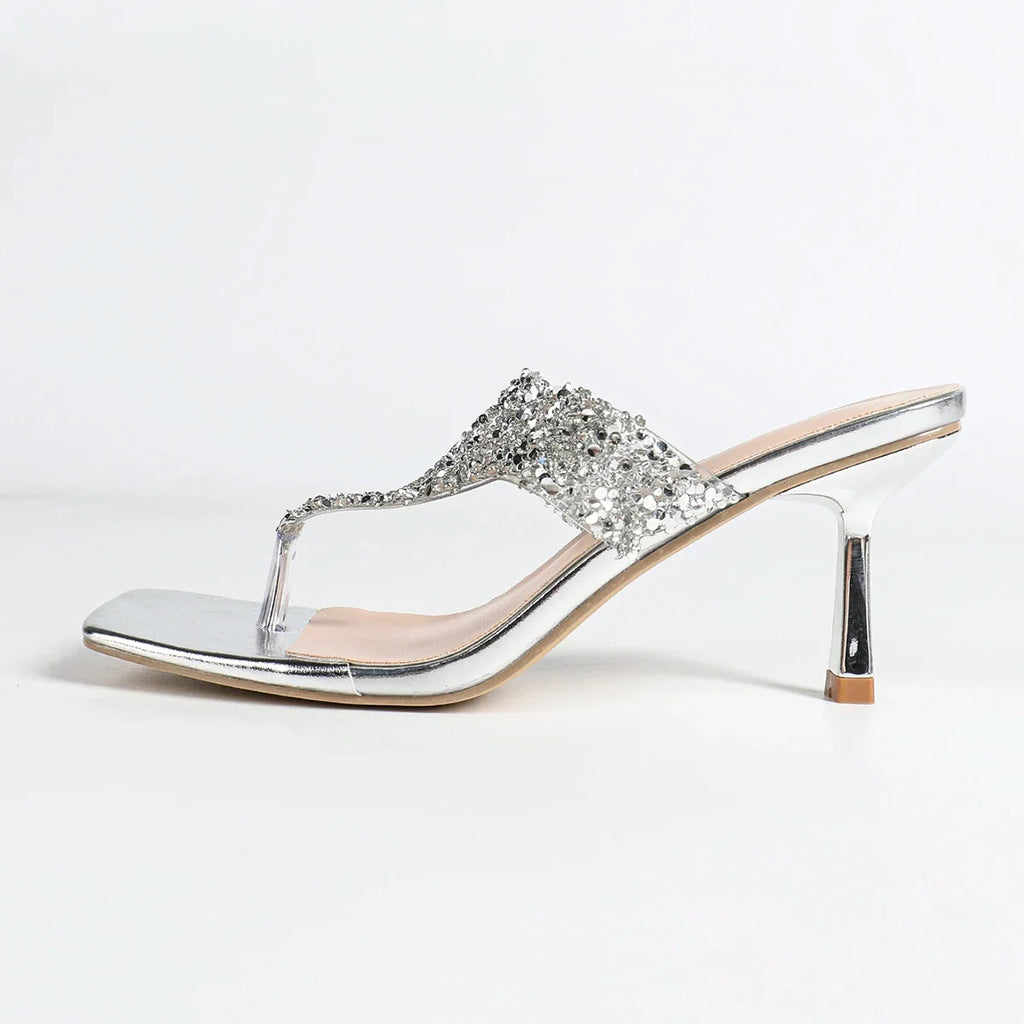 NASBAVI 7cm Thin-heeled Flip-flops for Summer, Shiny Rhinestones, Square-toed, Open-toed, Hermeted Casual Outerwear for Women