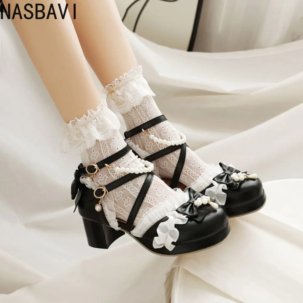 New Women Summer Leather Shoes Thick Square Heeled Sandals Marty Lolita Princess Ankle Shoes Large Size 45 46 47 48 Black White