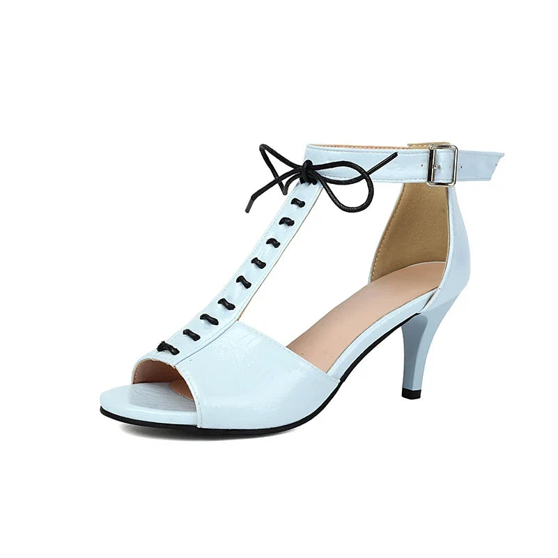T-Shaped Strap High Slim Heel Peep Toe Hollowed Sexy Sandals Smooth Patent Leather Material Ankle Buckle Women's Sandals
