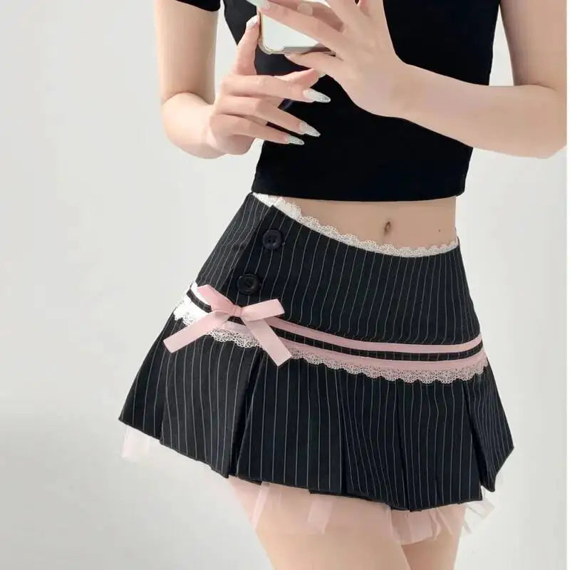 Striped Contrasting Color Bow Lace Splicing Pleated Skirt Women 2026 Summer American Style Low Waist  A-line Short Skirt UBFK
