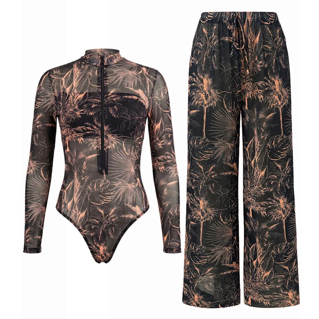S - XXL New Leaves Printed Long Sleeve With Zipper Pants One Piece Swimsuit Women Swimwear Female Bather Bathing Suit Swim V8355