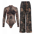 S - XXL New Leaves Printed Long Sleeve With Zipper Pants One Piece Swimsuit Women Swimwear Female Bather Bathing Suit Swim V8355