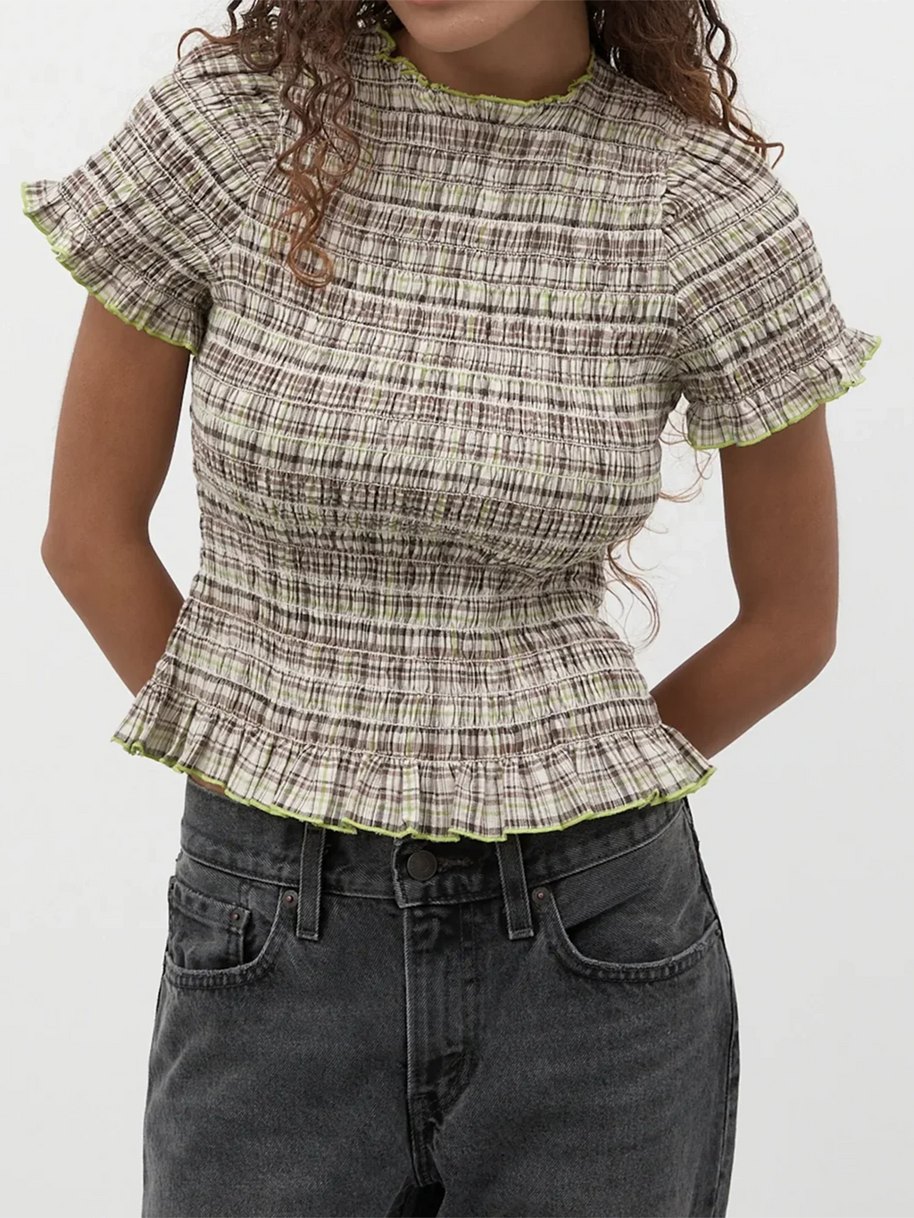 Women Casual Summer Plaid Print Shirred Tops Slim Mock Neck Short Sleeve Crop Ruffle T-shirts Streetwear