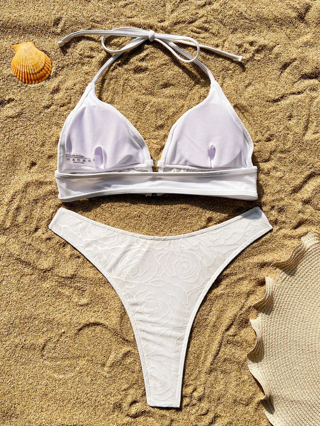 sexy white floral print mesh halter bikini set two pieces push up high waist thong swimsuit bathing suit swimwear biquini bakini