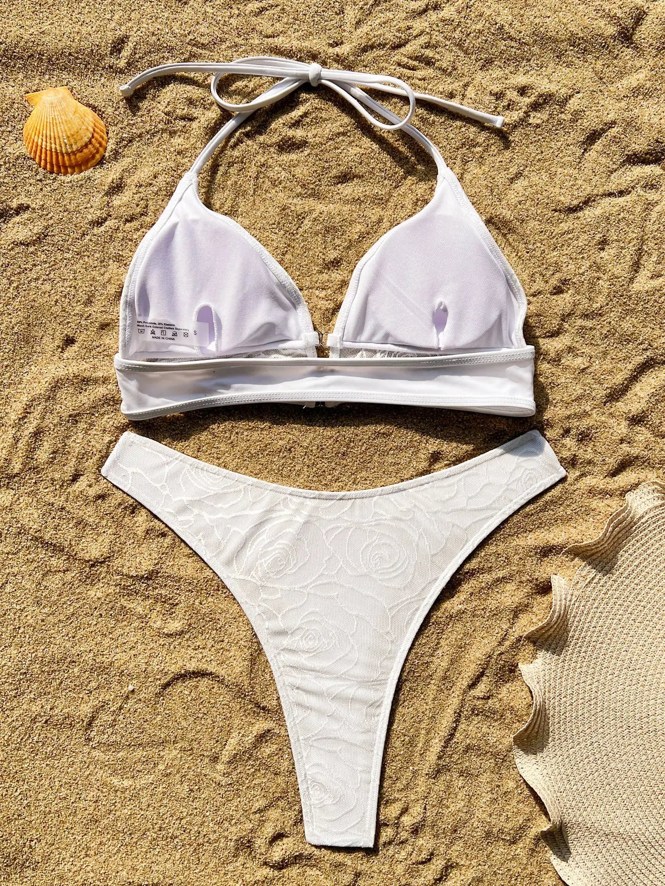 sexy white floral print mesh halter bikini set two pieces push up high waist thong swimsuit bathing suit swimwear biquini bakini