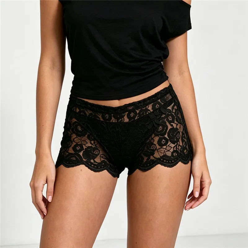 Sexy See Through Floral Lace Boyshort Panties Ladies Mid Waist Scallop Hem Stretch Hipster Underwear Daily Comfort Lingerie
