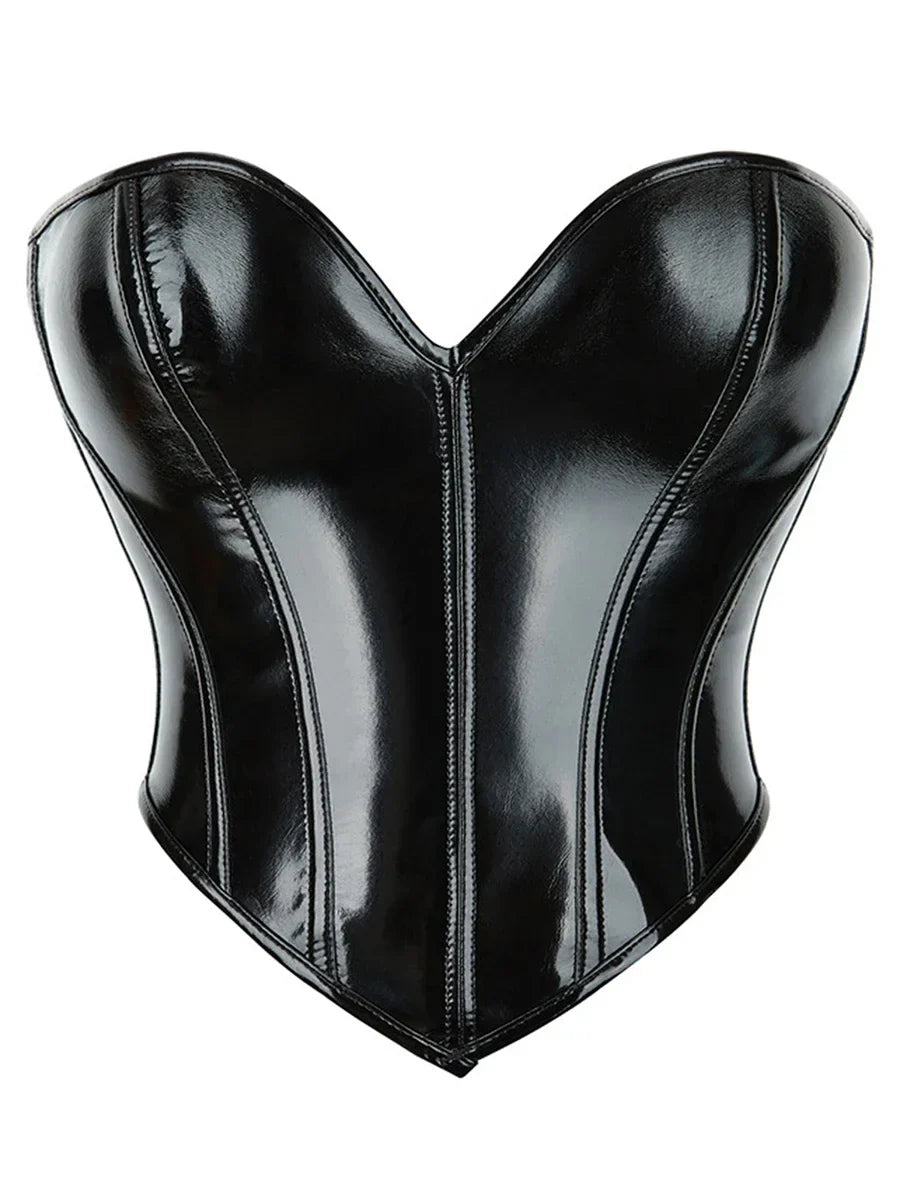 Women PU Leather Bustier Back Lacing-up Fish Boned Corset Curved Hemline Crop Tank Tops