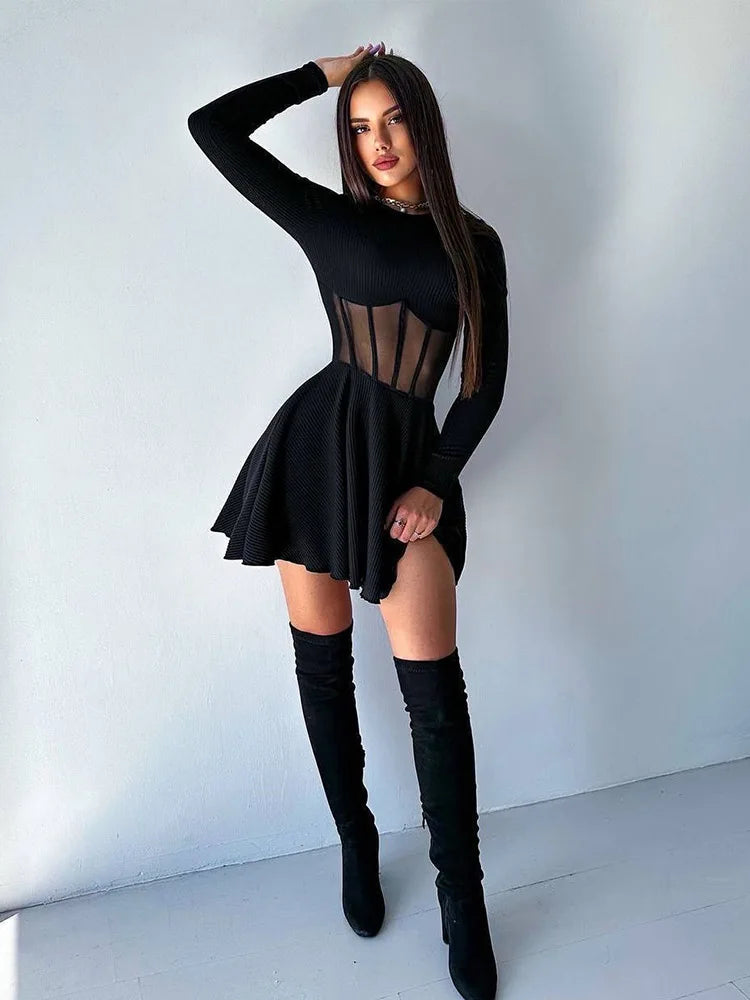 Ahagaga Fashion Solid Women's Mini Dresses A-Line Knitted Sheer Slim Fit Long Sleeves Bodycon O-Neck Party Streetwear Vestidos