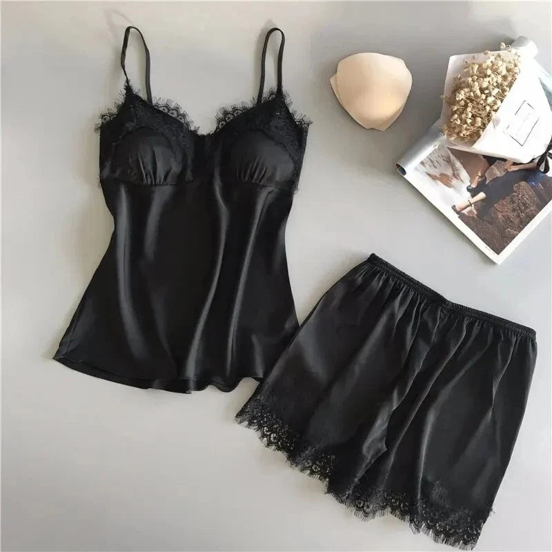 Women's Halter Pajamas 2 PCS Camisole And Shorts Home Wear Red Black Sexy Lace S M Ventilate Comfort
