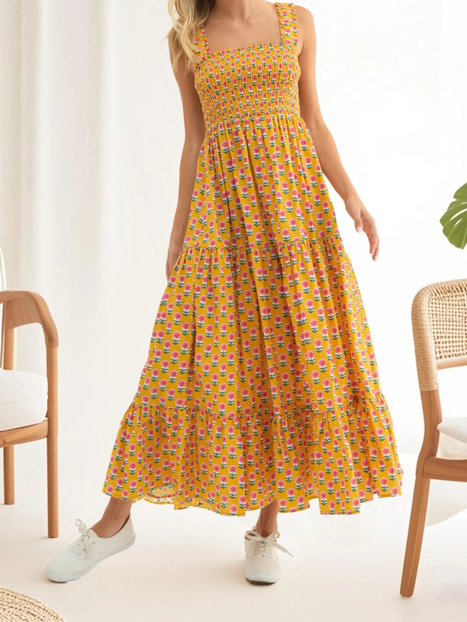 Women Summer Bohemian Floral Print Sundress Smocked Square Neck Sleeveless Backless A-line Long Tiered Ruffle Dress with Pockets