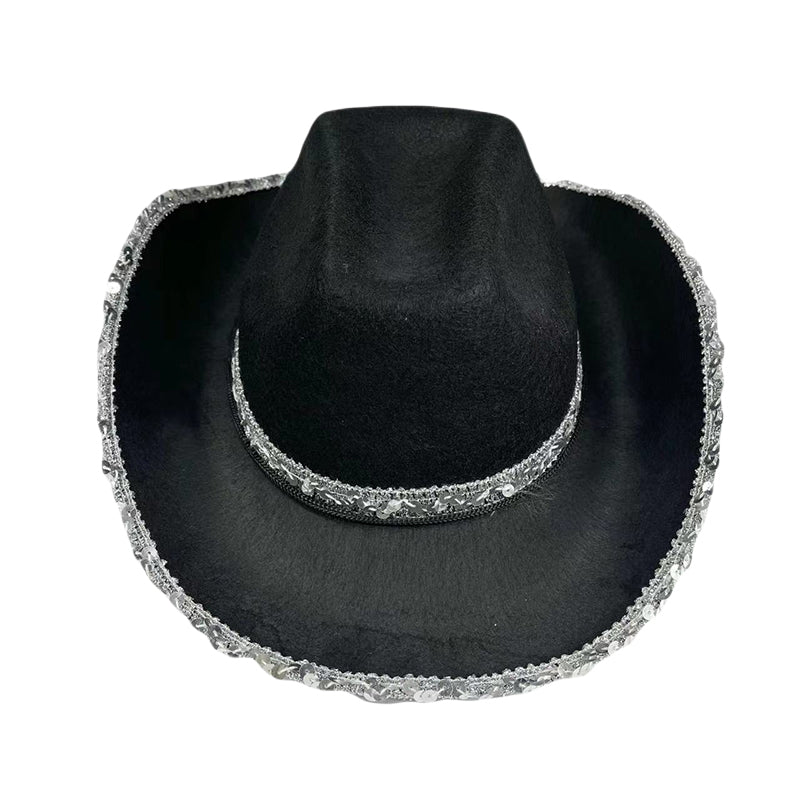Women Shiny Sequined Wide Brim Cowboy Hat Western Style Sun Cap for Club Party
