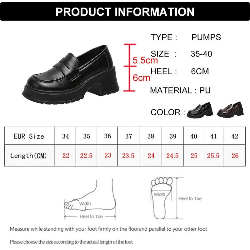 Brown Pu Leather Platform Loafers for Women British Style Round Toe Thick Heel Pumps Woman Slip On High Heels Office Shoes Lady