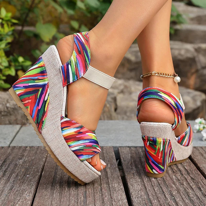 Bohemian Floral Printed Wedge Heel Sandals Women Summer Slip On Chunky Platform Sandles Woman Elastic Strap High Heels Sandals
