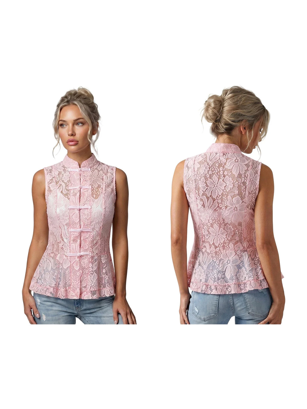 2026 Summer Women's Retro Lace Tops Elegant Mandarin Collar Chinese Frog Buttons Peplum Sleeveless Vest Blouses