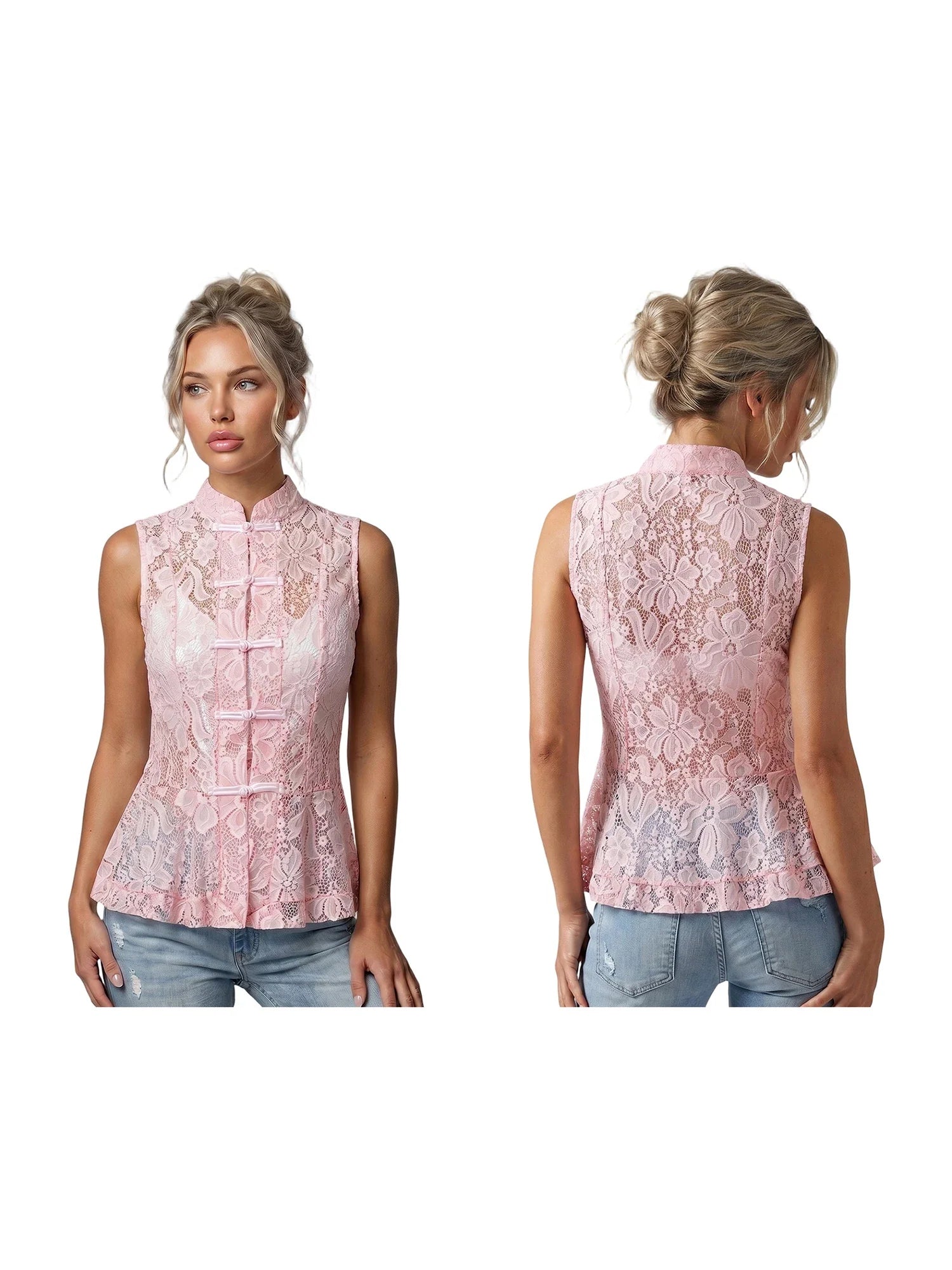 2026 Summer Women's Retro Lace Tops Elegant Mandarin Collar Chinese Frog Buttons Peplum Sleeveless Vest Blouses