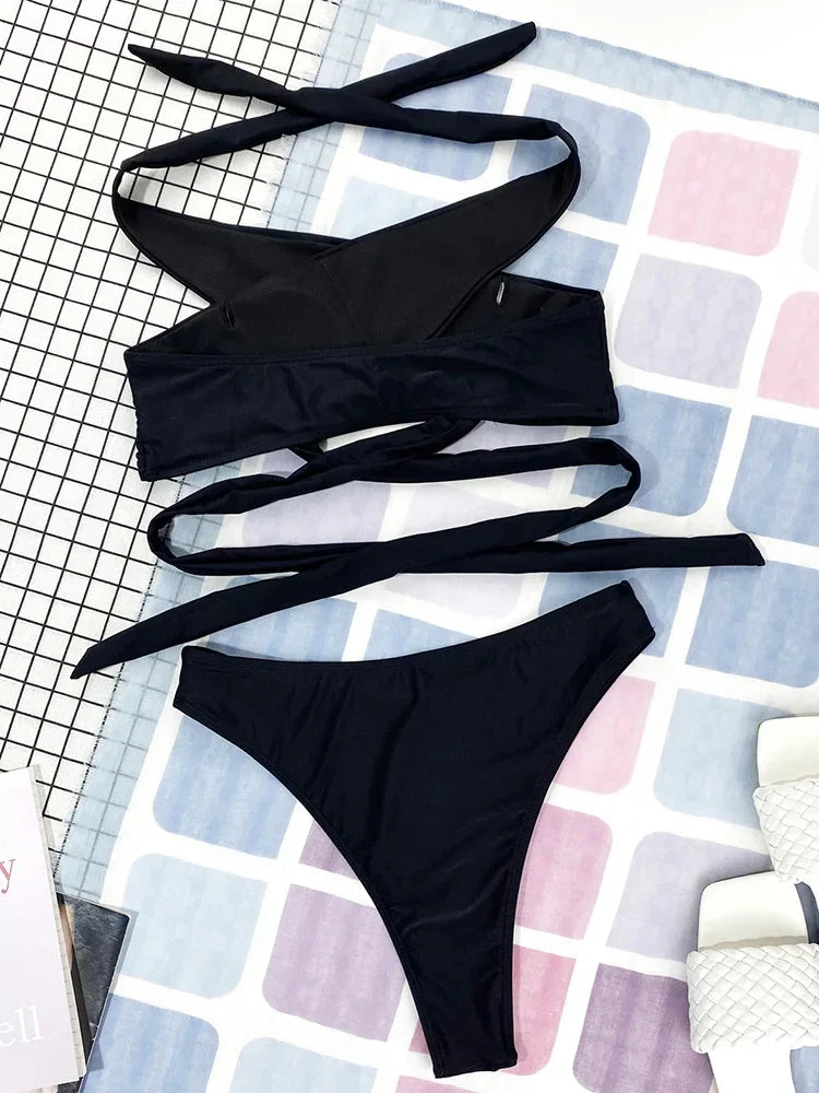 Halter Cross Bandage High Cut Bikini Female Swimsuit Women Swimwear Two-pieces Bikini Set Hollow Out Bather Bathing Suit Swim