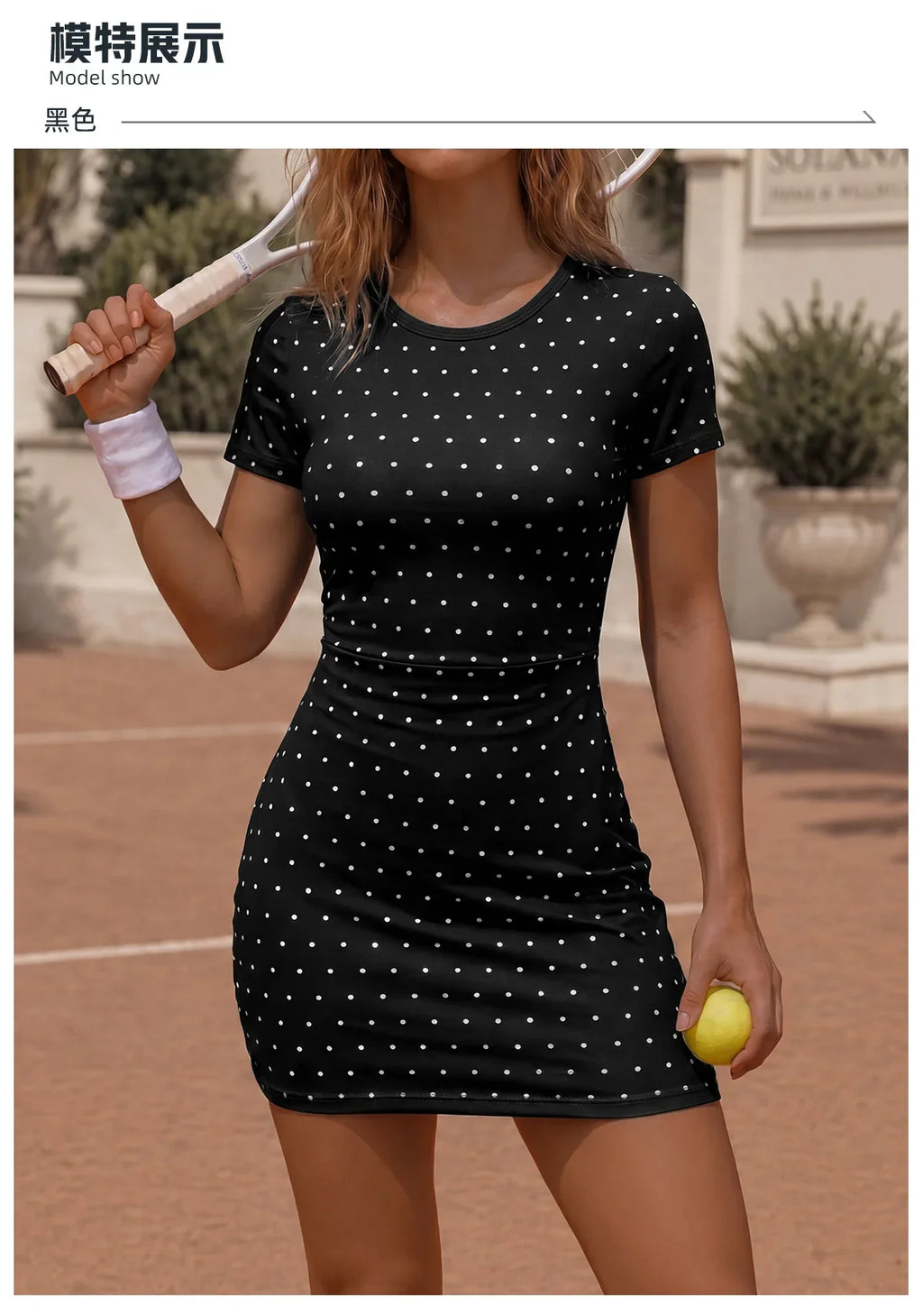 Retro Polka Dot Sports Tennis Dresses Women Quick Drying Round Neck Short Sleeve Back Hollow Cross Slim Yoga Golf Fitness Dress
